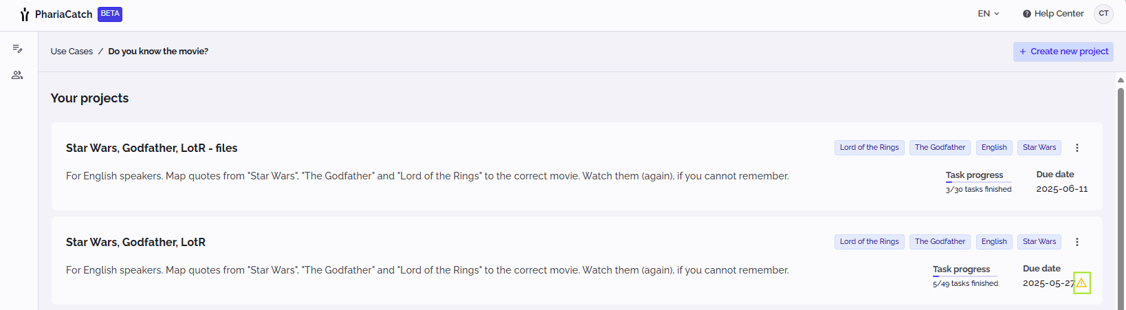 PhariaCatch Your Projects overview page